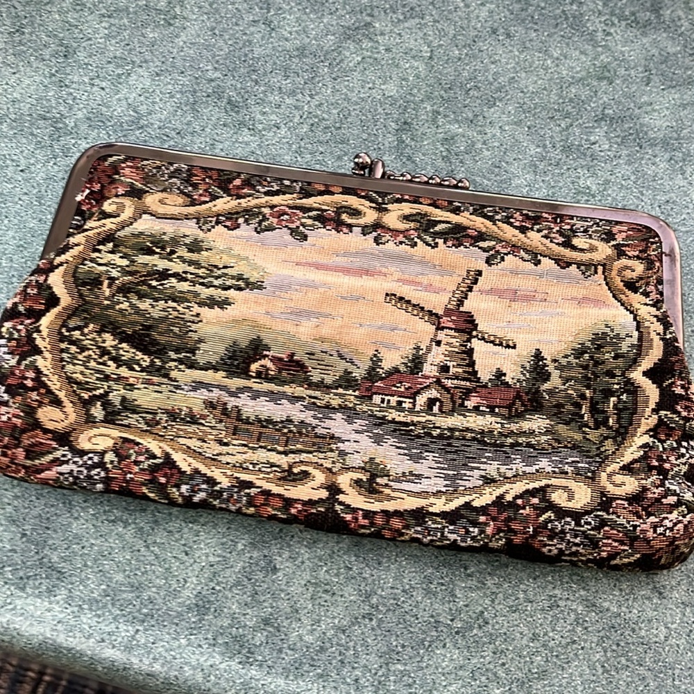 Vintage Tapestry Clutch with Windmill Design